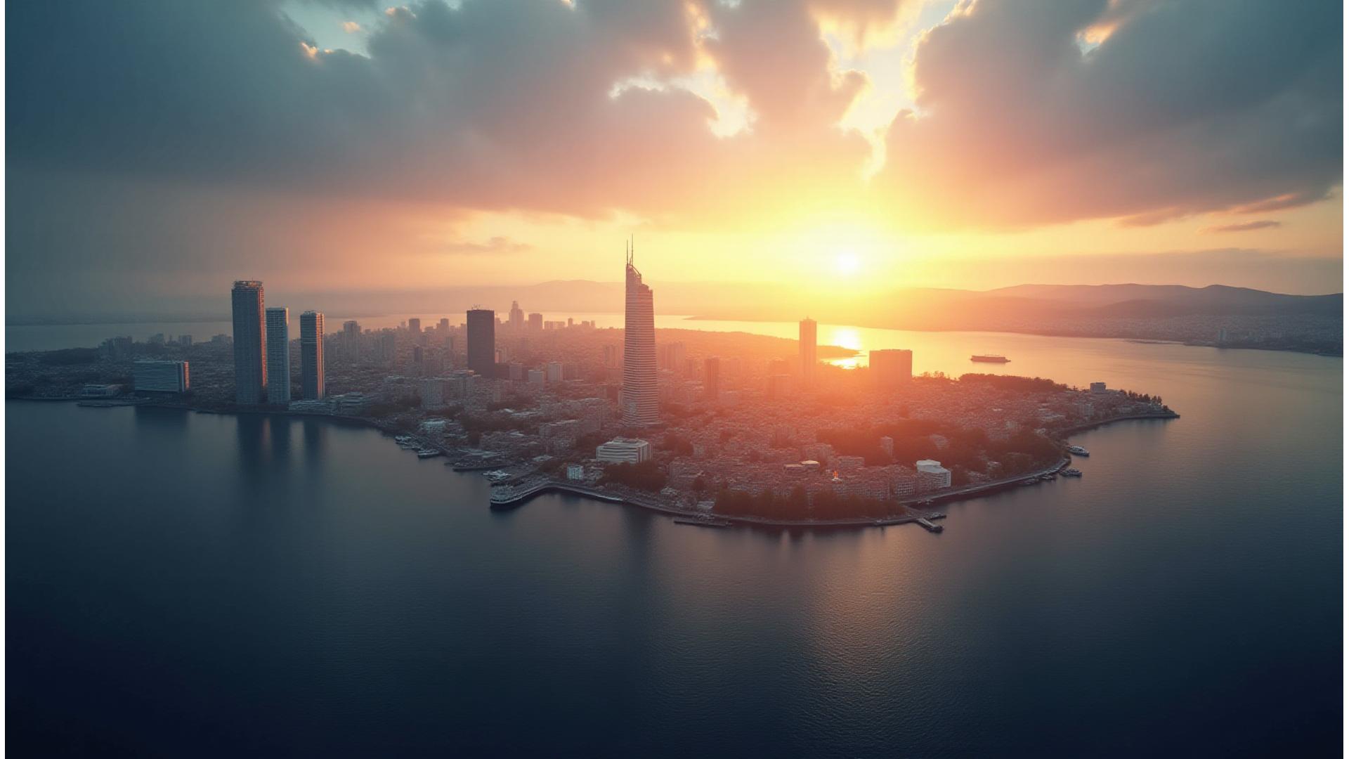 Panoramautsikt over Oslo skyline med Tjuvholmen i forgrunnen ved soloppgang, symboliserer fremtid og vekst.