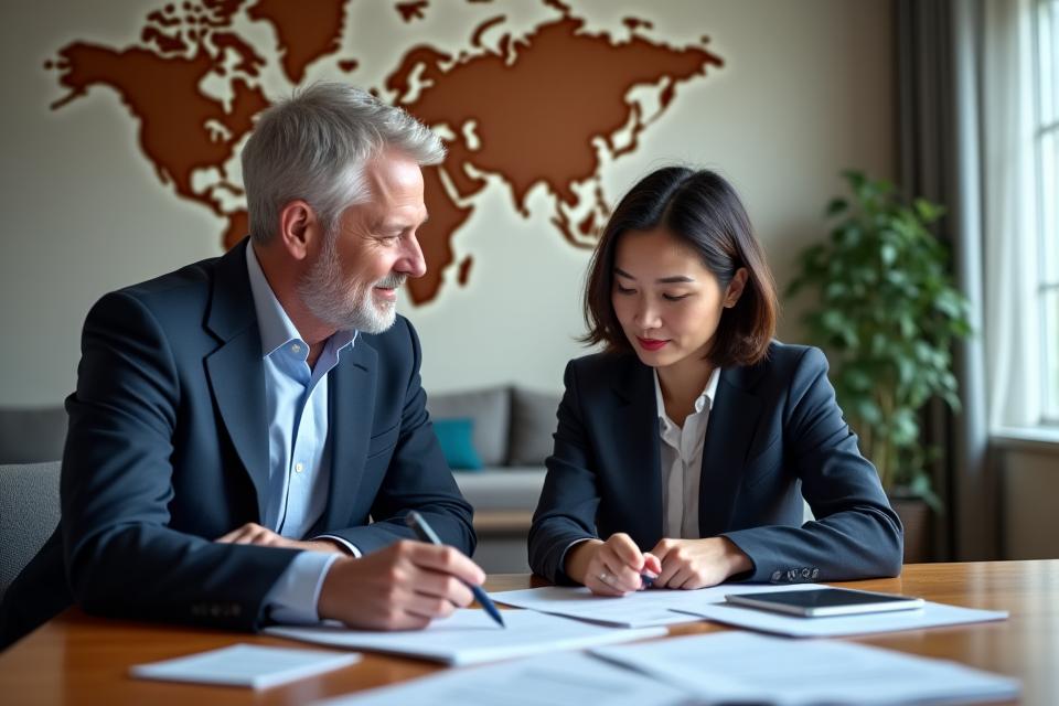 To personer, en norsk rådgiver og en internasjonal klient av asiatisk opprinnelse, diskuterer dokumenter over et bord med et verdenskart i bakgrunnen, symboliserer global rekkevidde.