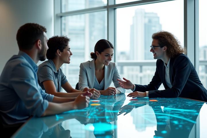 En gruppe multinasjonale fagfolk som diskuterer i en moderne kontormiljø, symboliserer kulturell forståelse og global forretningsinnsikt.