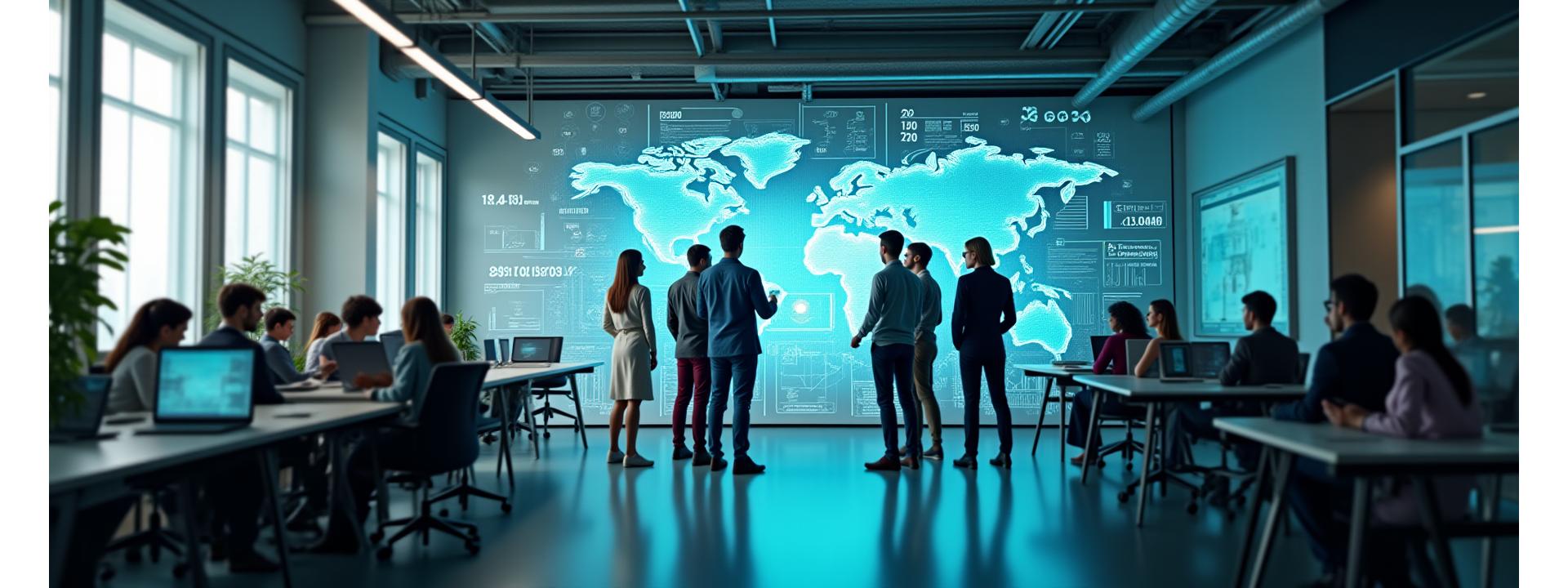 Futuristisk kontorlandskap med skjermer som viser datagrafer og unge, innovative gründere som samarbeider.