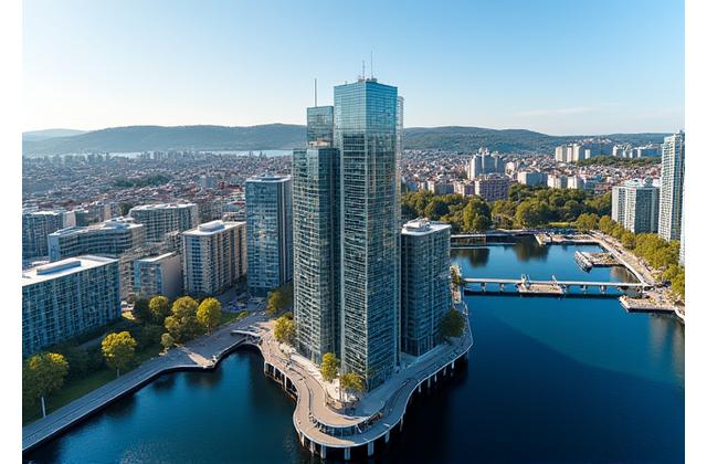 Oversiktsbilde over Tjuvholmen i Oslo med moderne bygninger og havutsikt.