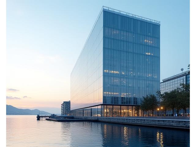 En moderne, skandinavisk finansbygning ved vannet i Oslo, symboliserer tillit og innovasjon. Havneområdet og arkitektonisk design reflektererGuidely Kapitals forankring i norsk kultur og globale ambisjoner.