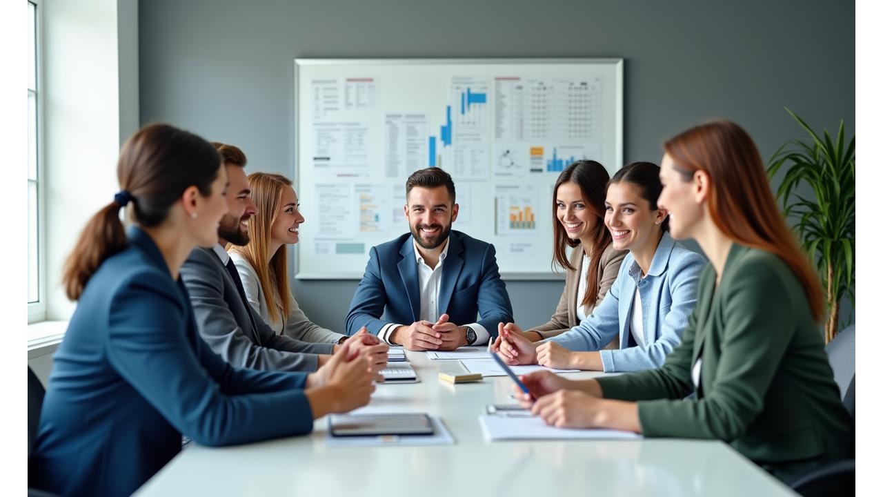 Et moderne team av finansrådgivere diskuterer i et lyst og åpent kontormiljø, som representerer samarbeid og bedriftskultur i Guidely Kapital.