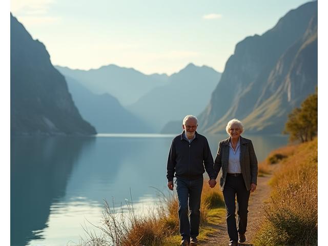 Et eldre, smilende par som går hånd i hånd langs en idyllisk fjord i Norge, med fjell i bakgrunnen, symboliserer frihet og trygghet i pensjonisttilværelsen.