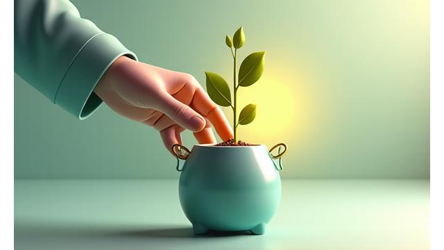Illustrasjon av en person som planter et tre i en pengerpotte, symboliserer individuell pensjonssparing (IPS) og langsiktig vekst, med fokus på skattefordeler.