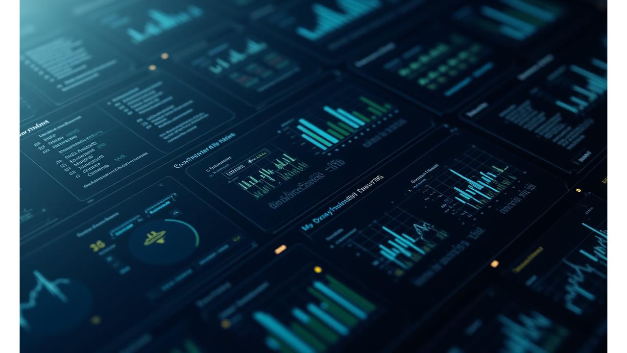 Sofistikert digitalt dashbord som viser detaljert finansiell ytelsesanalyse med grafer og data