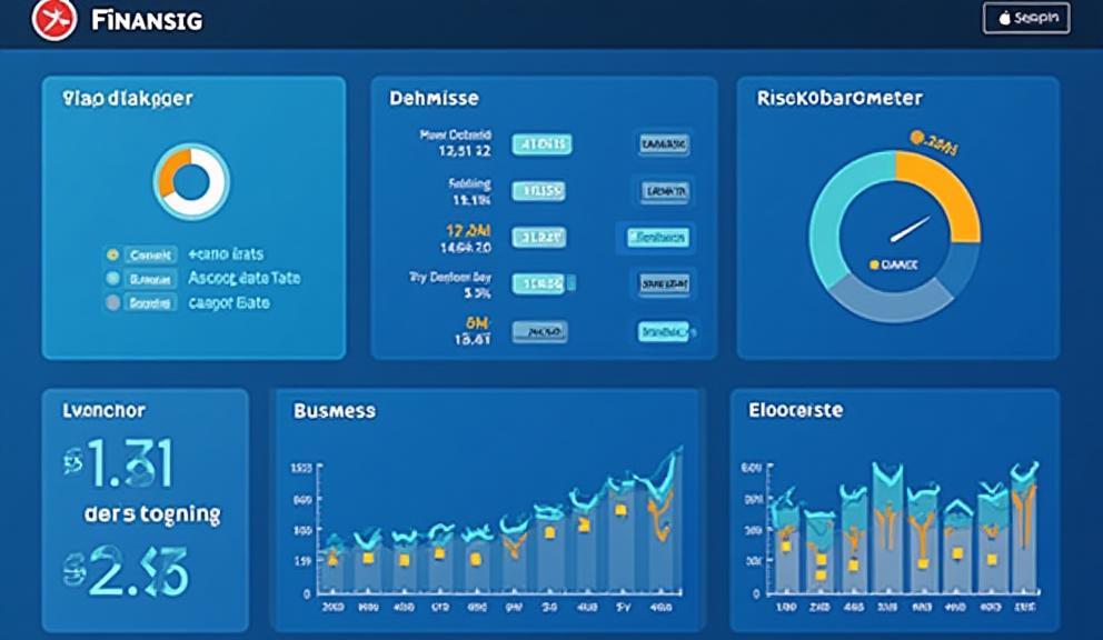 Et skjermbilde av et komplekst finansiell dashboard som viser sanntidsdata, grafer og risikobarometre.