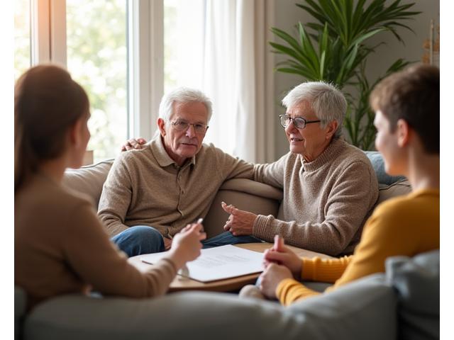 En familie sitter sammen i en omsorgsfull samtale, representerer familie governance og åpen kommunikasjon.
